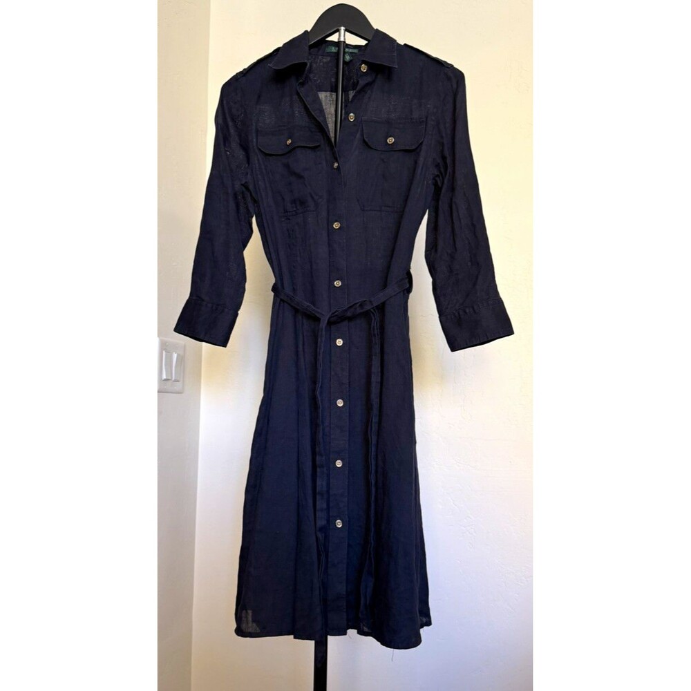 Lauren Ralph Lauren Navy Linen Belted Button Front Collared Shirt Dress S READ